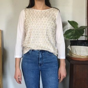 JCrew M gold lace covered shirt, mid length sleeve